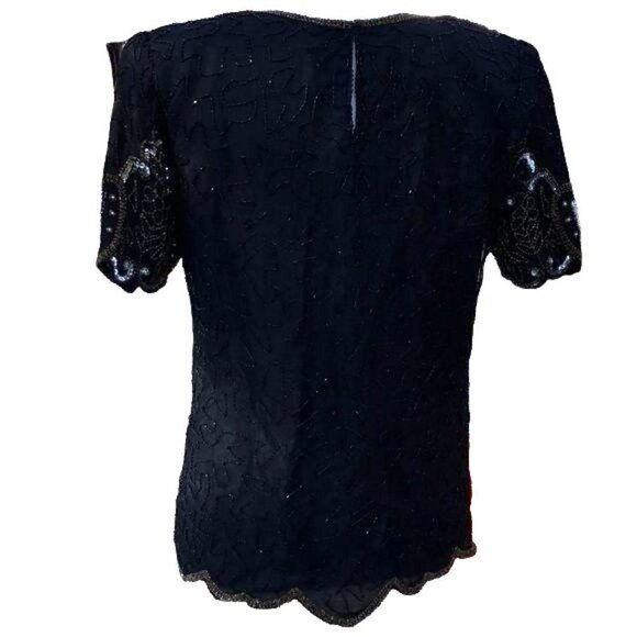 Laurence Kazar Silk Blouse Size PP Vintage Black Gold Beaded Lined Shoulder Pads - Picture 5 of 12
